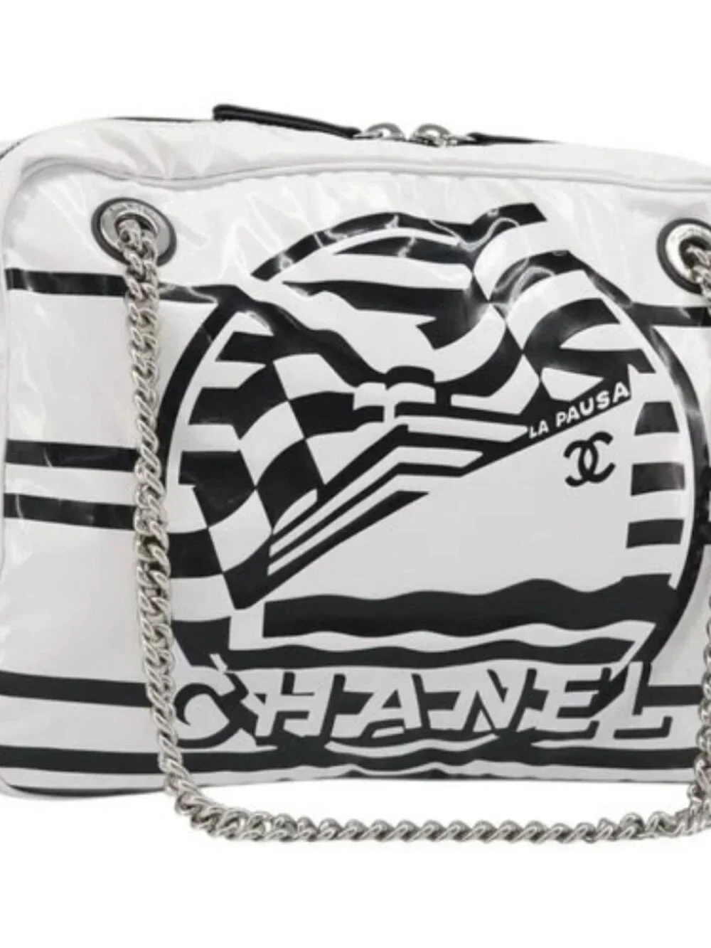 CHANEL La Pausa Chain Bag Patent leather White Silver CC Auth BA13516SAM